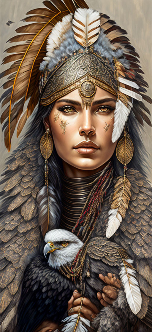 Beautiful warrior woman with eagle feather headdre