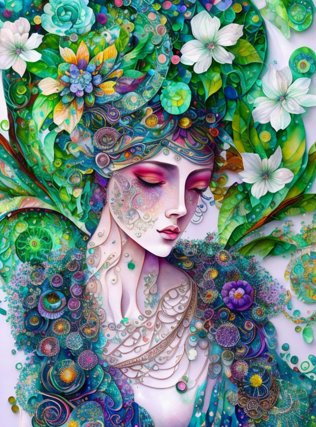 Intricate artwork of stylized woman with floral patterns and vivid colors