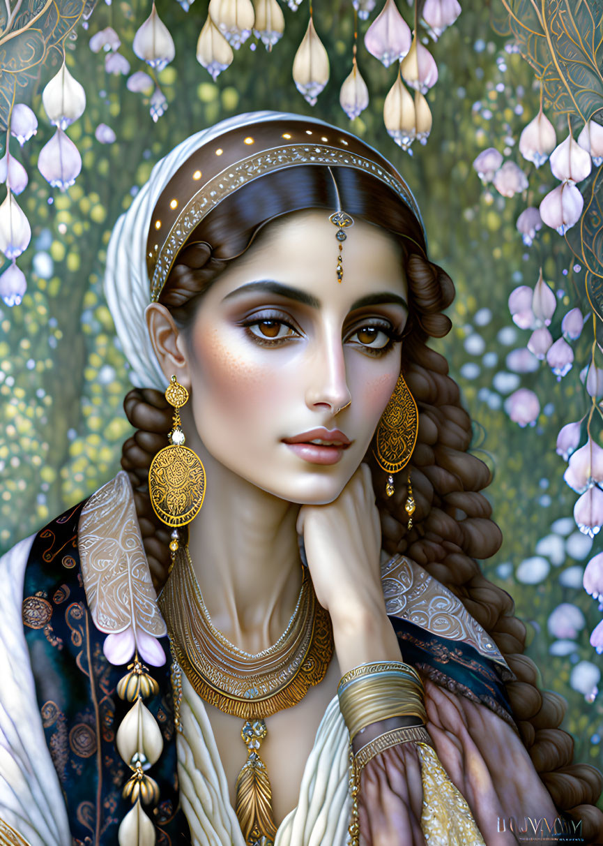 Detailed Portrait of Woman in Traditional Attire with Intricate Jewelry