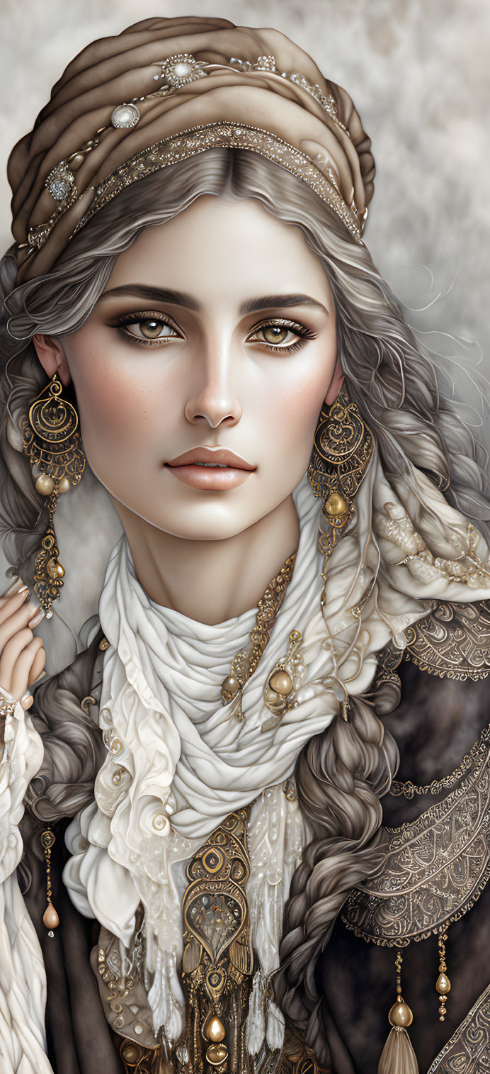 Detailed portrait of a woman with golden jewelry and braided hair