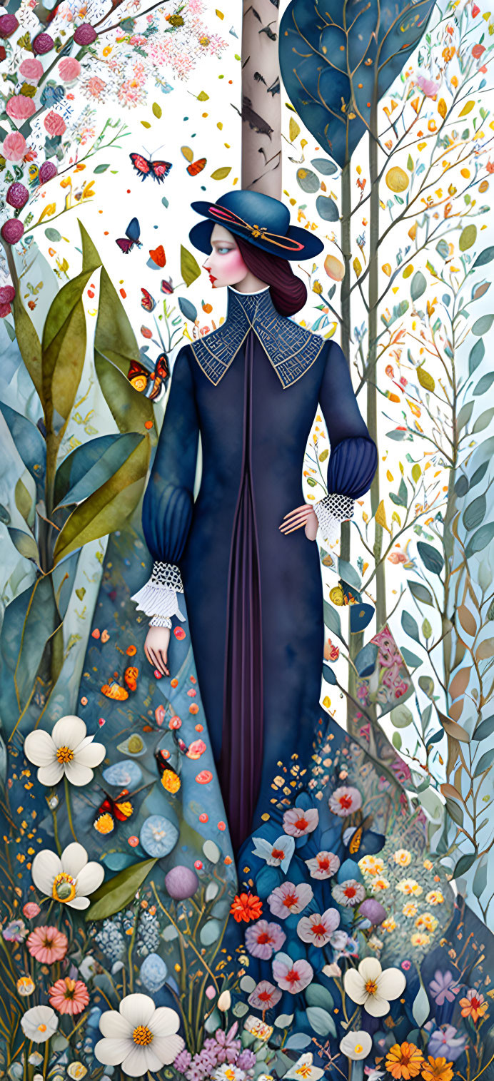 Illustration of woman in vintage blue dress amidst vibrant floral background