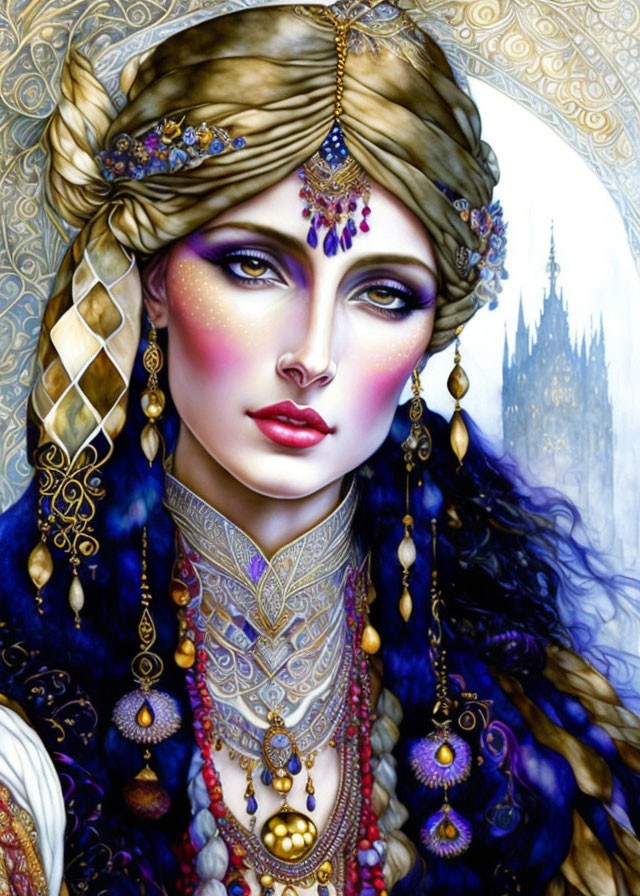 Illustrated woman with purple eyes, ornate headwrap, jewelry, castle background
