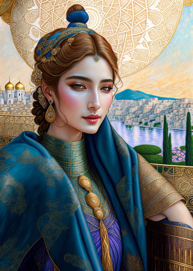 Illustrated woman in ornate clothing with headdress against palace backdrop