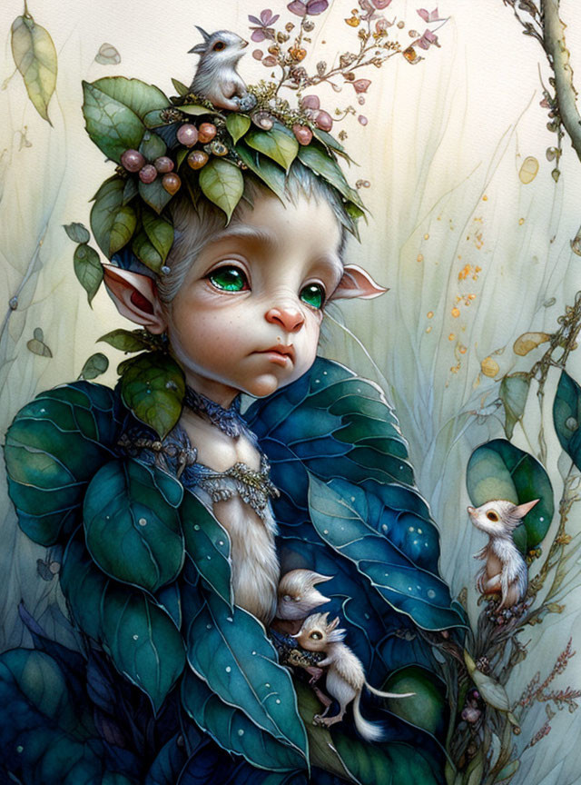 Fantasy illustration of elven creature with nature adornments