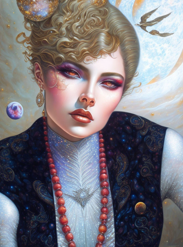 Illustrated cosmic-themed woman with star-filled hair and attire, red beads, intense makeup, and celestial