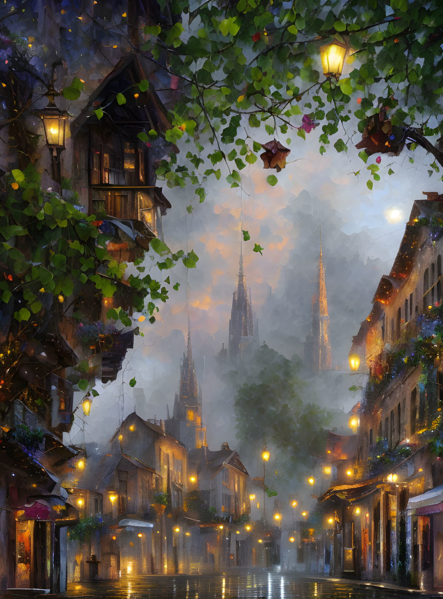 Misty cobblestone street with quaint buildings and cathedral