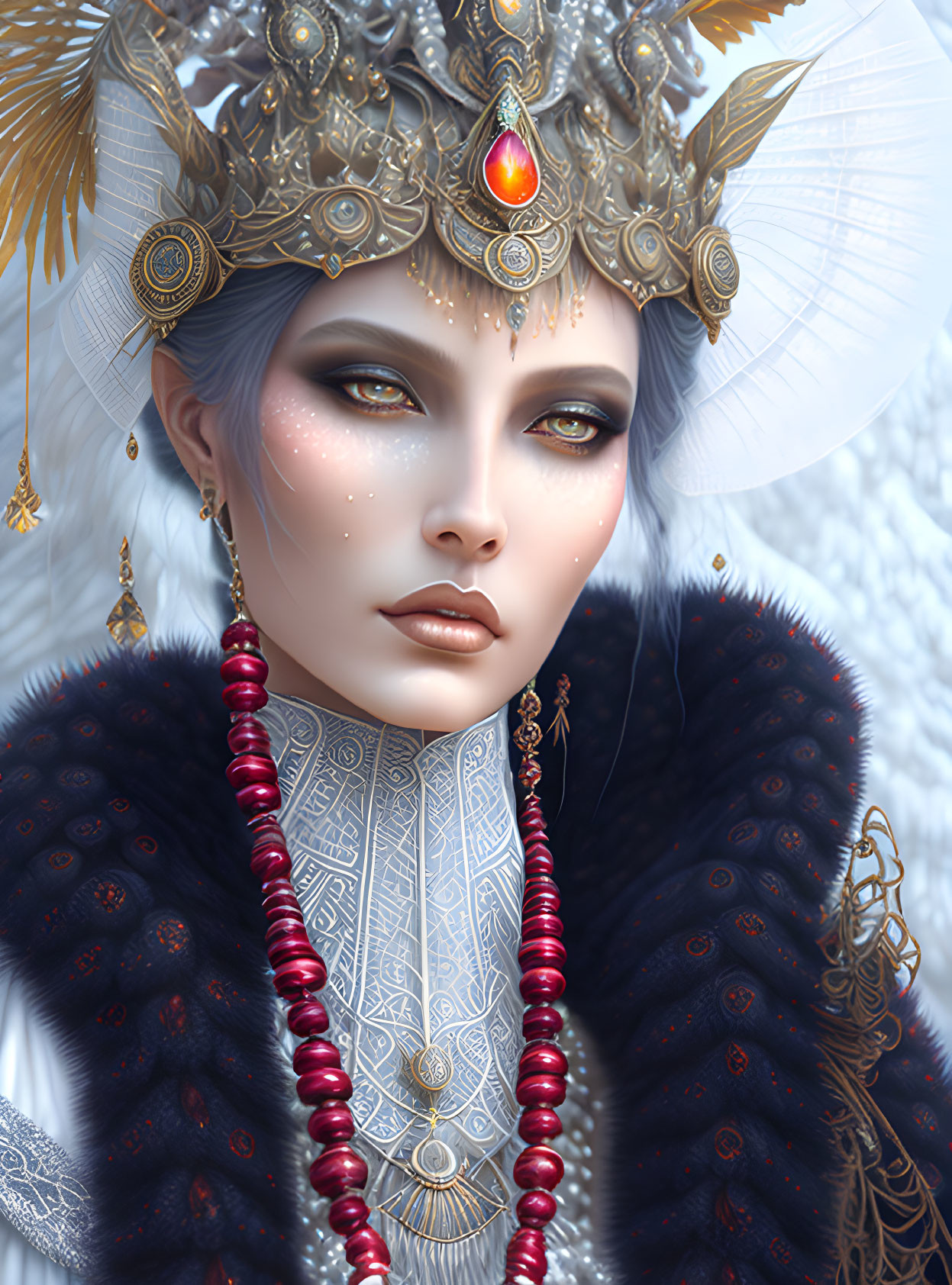 Digital artwork featuring woman with blue eyes, gold headwear, fur garment, and red gem.