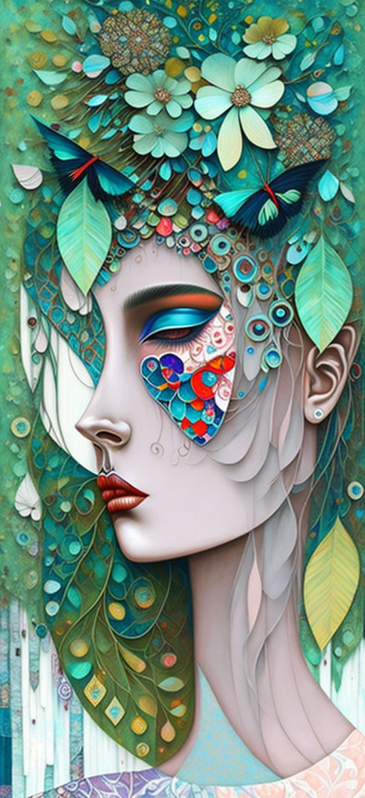Stylized woman with floral and mosaic patterns in cool colors
