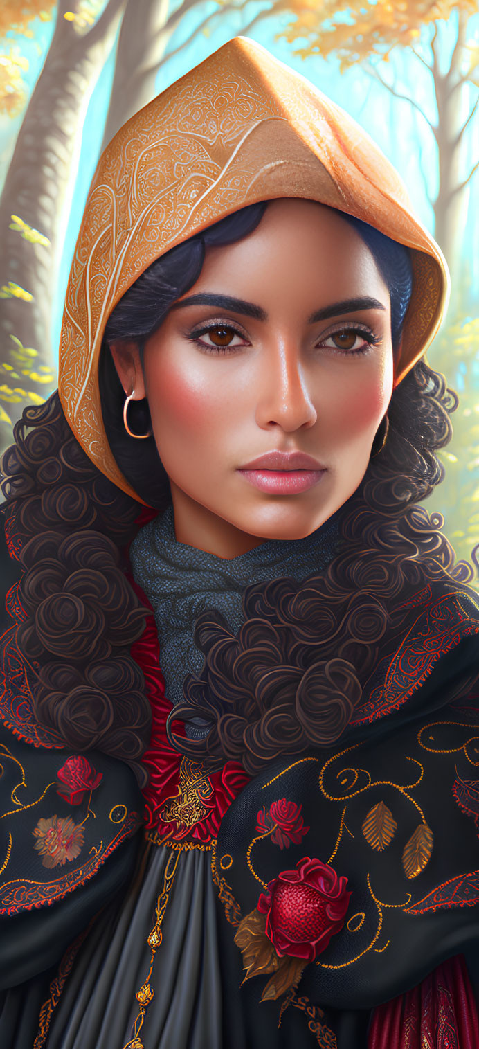 Illustrated woman with dark hair and golden headscarf in forest setting