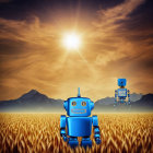 Blue robot and flying companion in golden wheat field at sunset