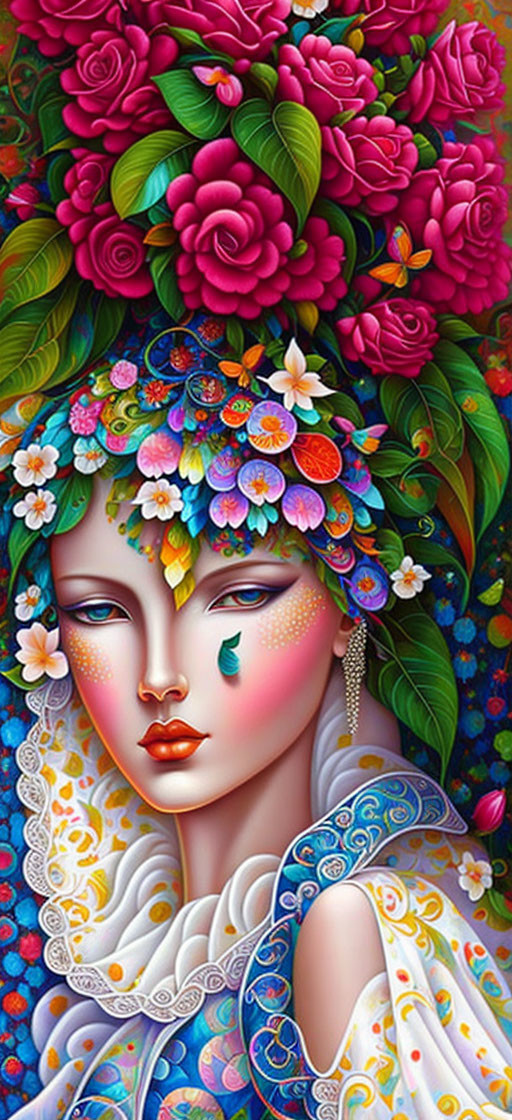 Vibrant floral headgear on woman with decorated face, showcasing nature and artistry.