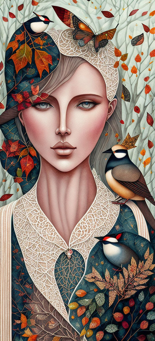 Woman with Autumn Leaves and Birds in Hair Surrounded by Nature Patterns