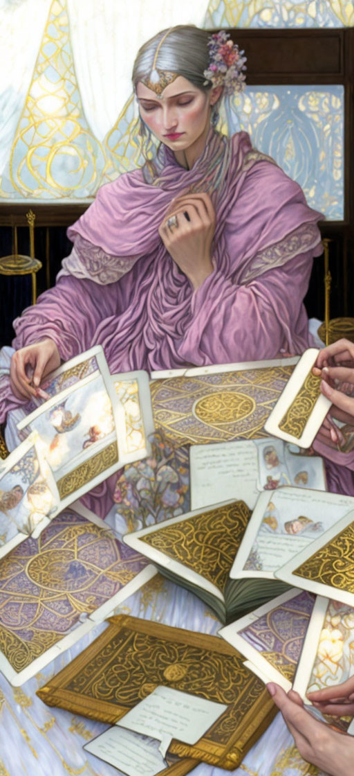 Woman in Lavender Robe Contemplating Ornate Tarot Cards