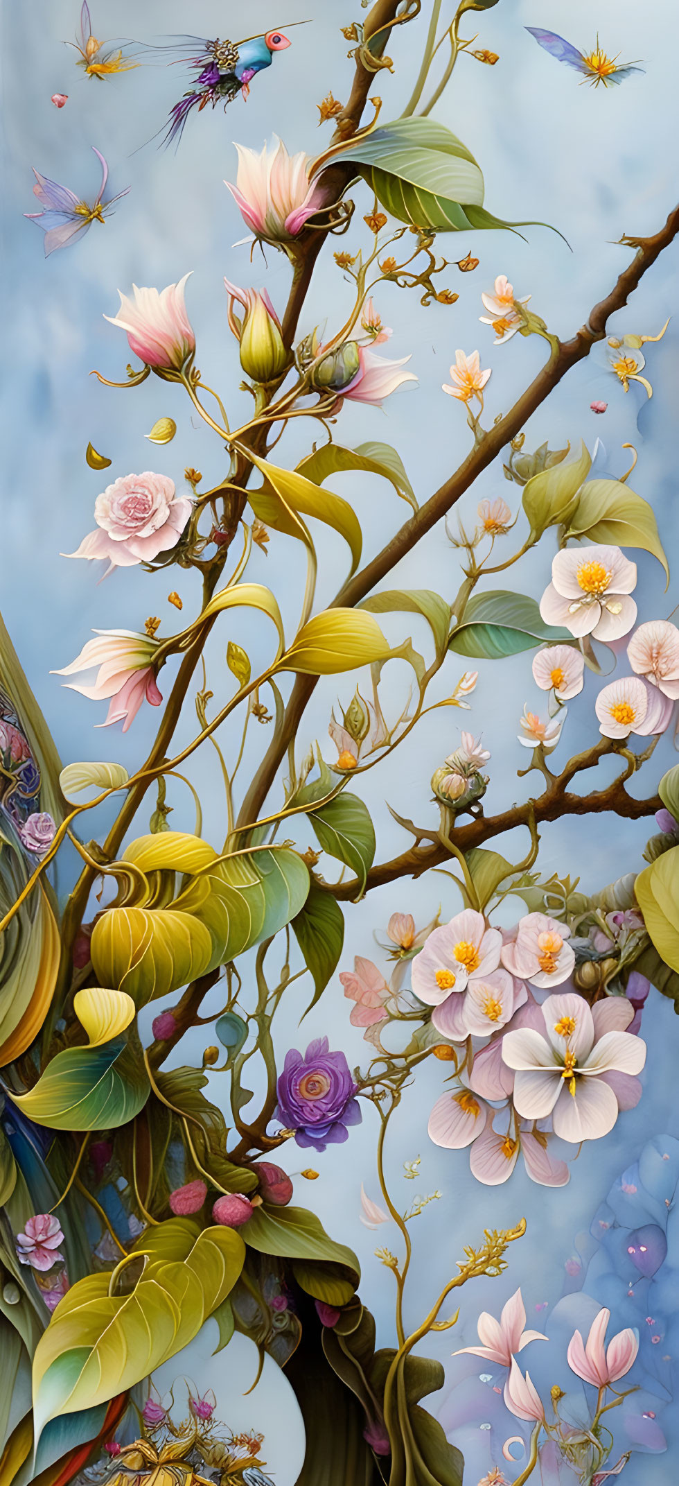 Colorful Flowers, Birds, and Butterflies on Branches in Blue Sky