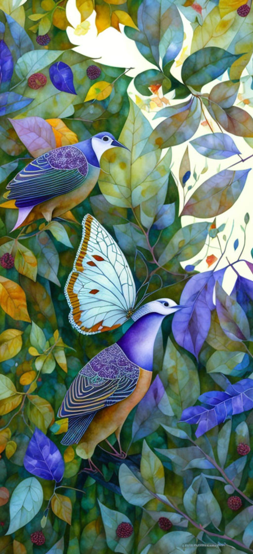 Colorful painting featuring stylized birds, leaves, butterfly, and intricate patterns