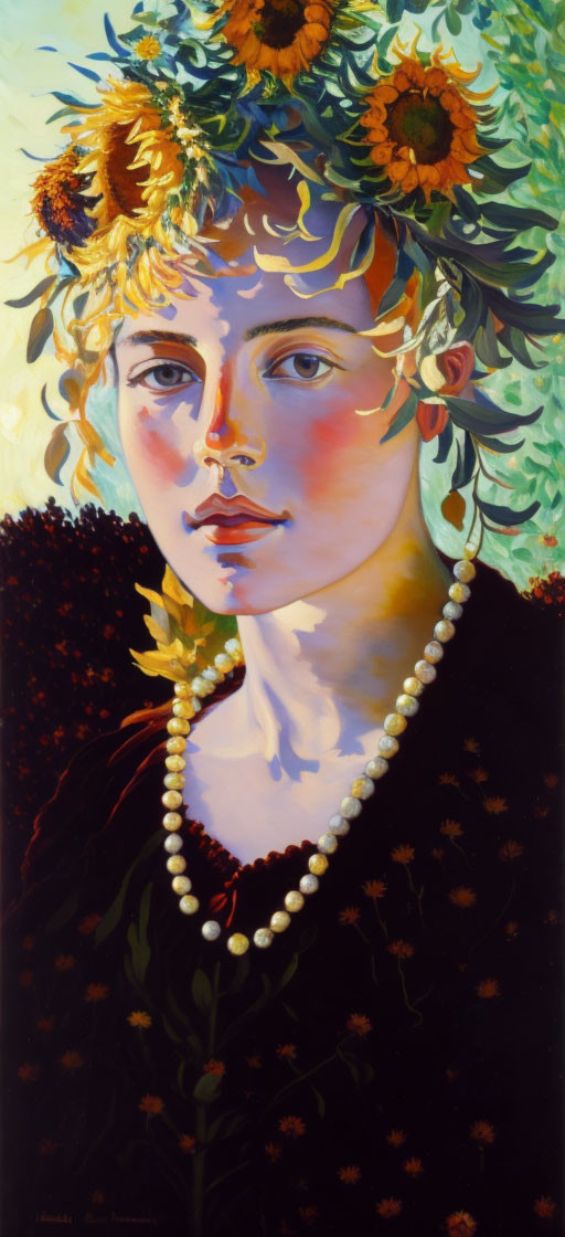 Person with Sunflower Hair & Pearl Necklace in Vibrant Yellow Tones