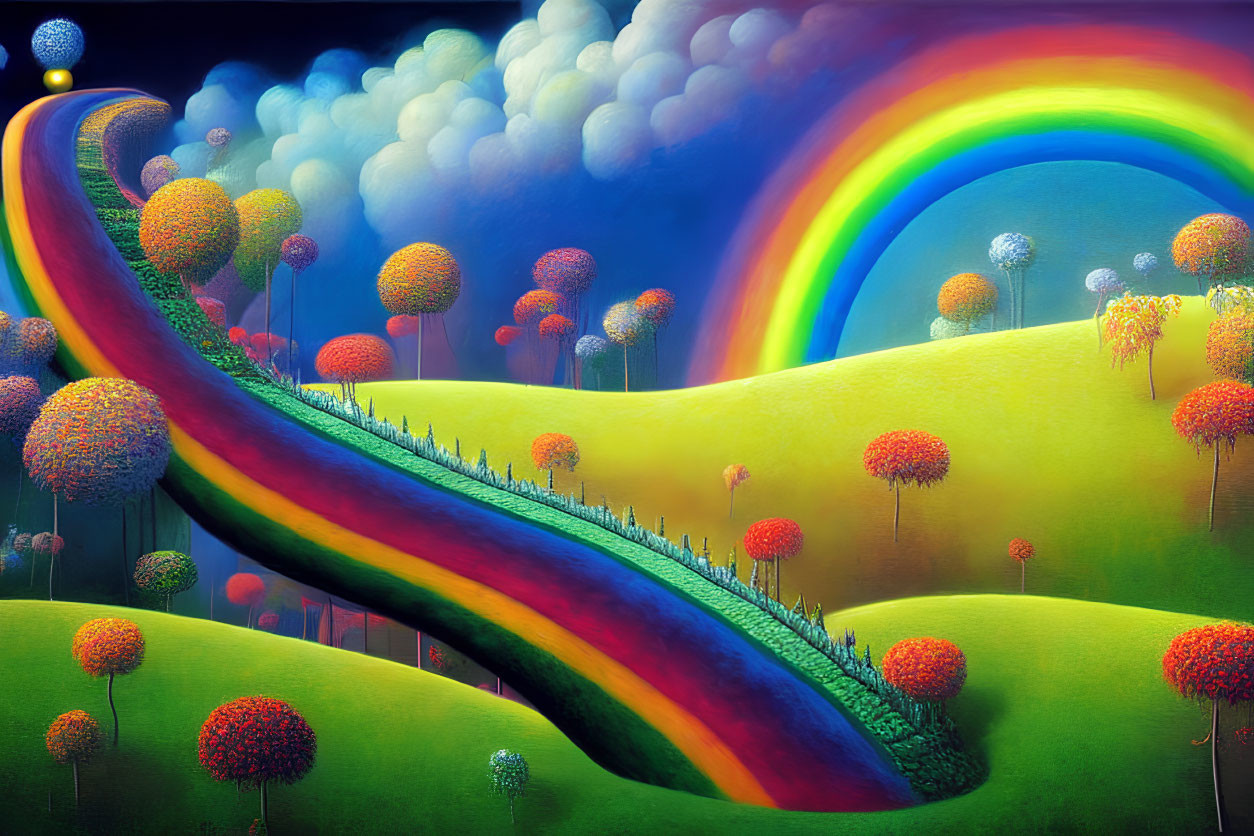 Colorful landscape with rainbow, green hills, and reflective path