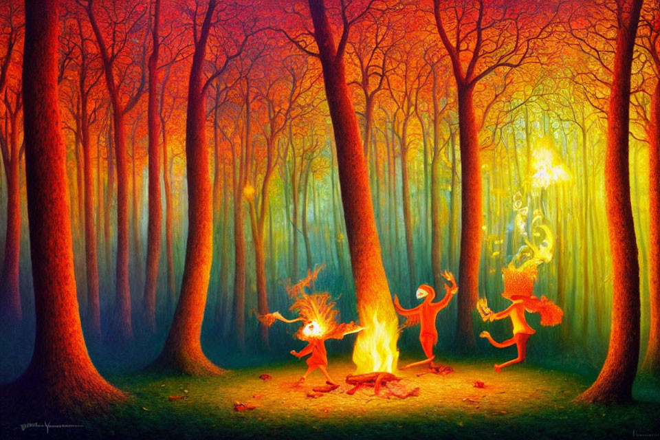 Autumnal forest painting: Three figures dancing around fire