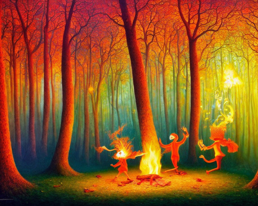 Autumnal forest painting: Three figures dancing around fire