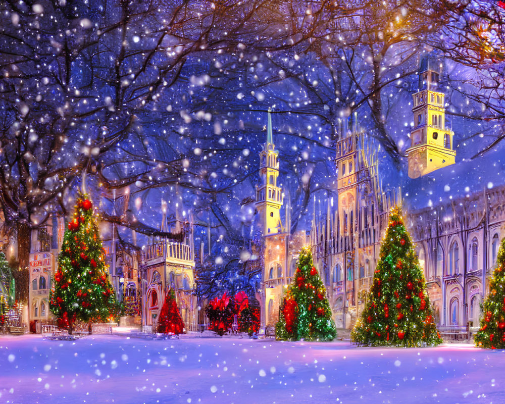 Snow-covered city scene with Christmas trees, colorful buildings, and glowing lights