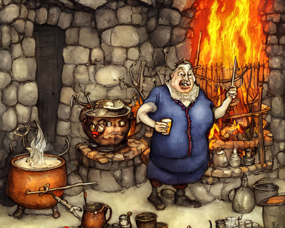 Cheerful person in blue apron by blazing hearth with cooking pots and animated teapot