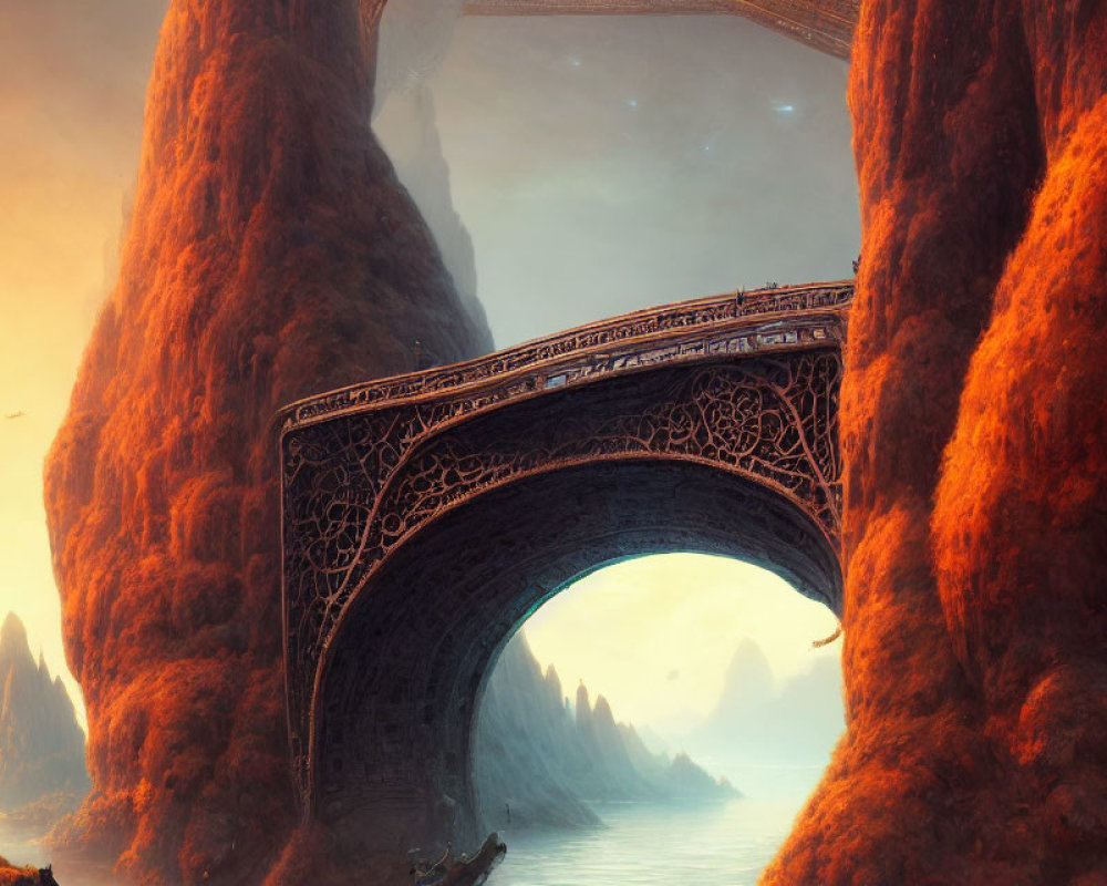 Ornate bridge between red rock formations in mystical landscape