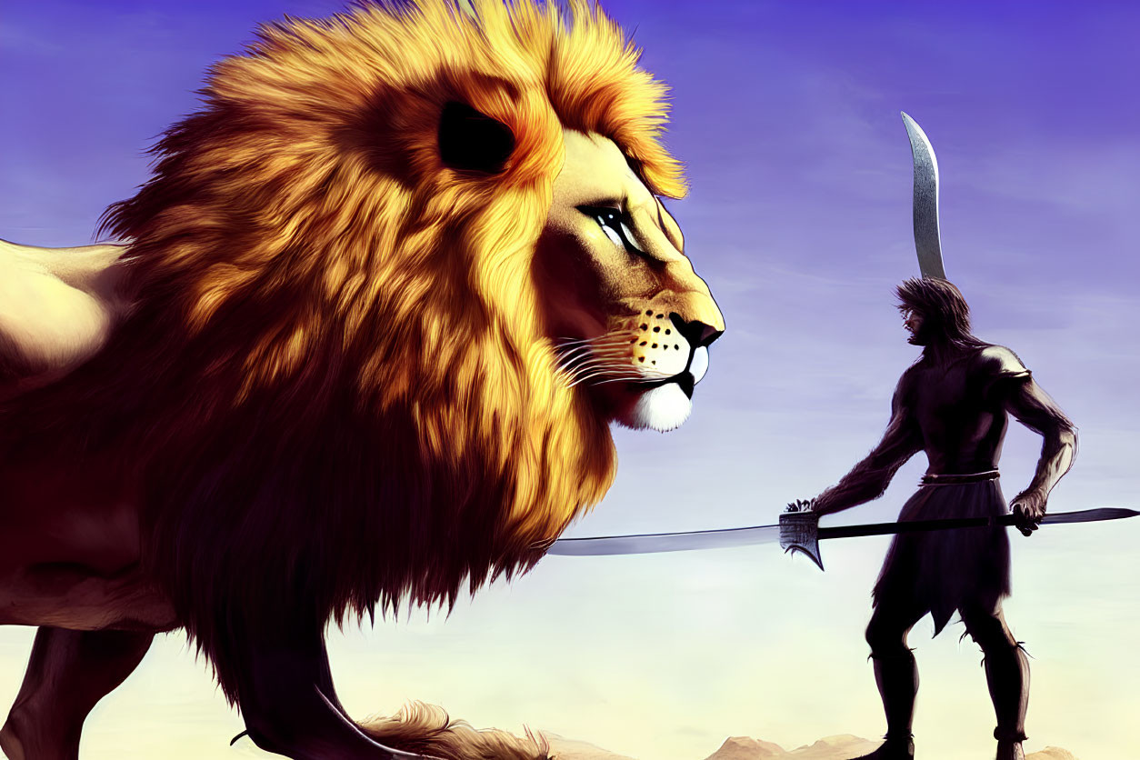Fantasy illustration of a muscular man with a spear and giant lion under purple sky