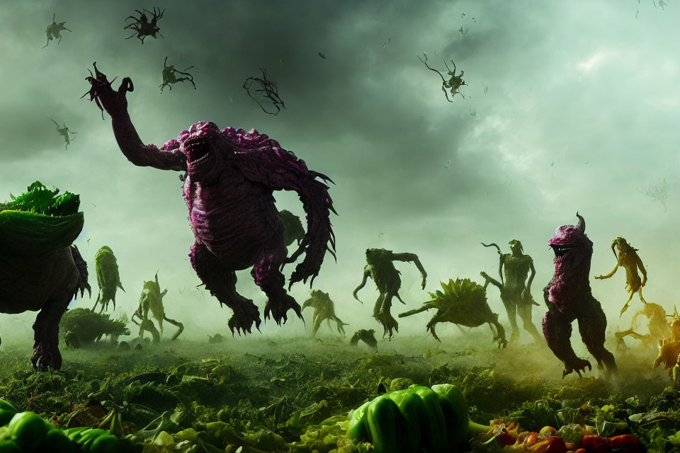 Vegetable creatures rampage in stormy field with scattered produce