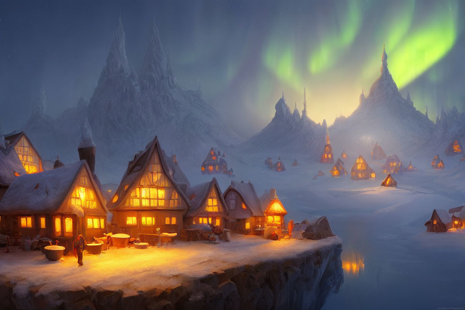 Snowy village with glowing houses under Northern Lights in night sky