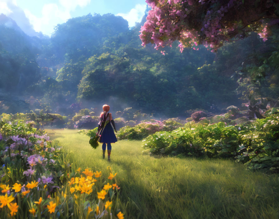 Young girl walking through sunlit forest glade with vibrant flowers and pink blossoms.