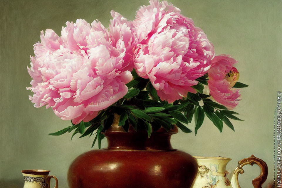 Colorful painting of pink peonies in a brown vase with teaware on a table
