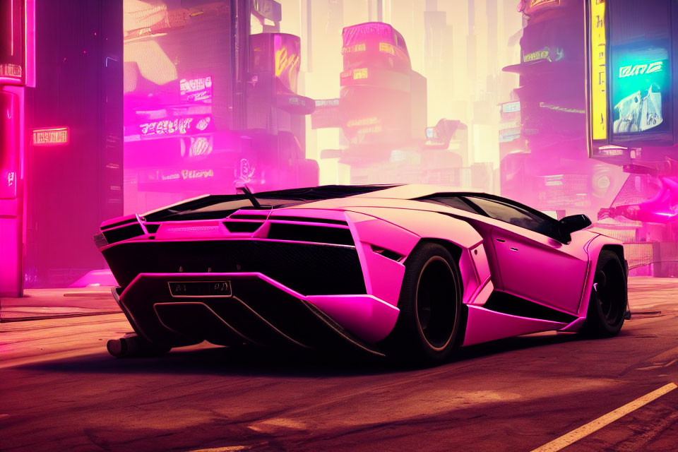 Futuristic pink and black sports car in neon-lit urban setting