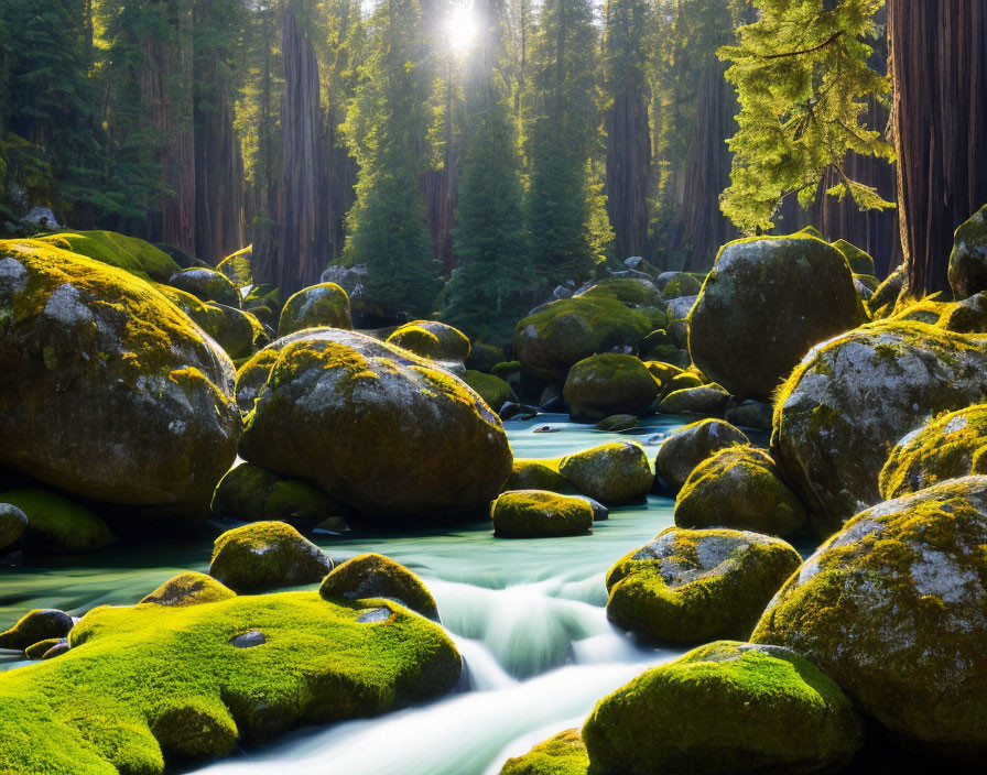 Serene forest scene with sunlight, redwood trees, river, and moss-covered boulders