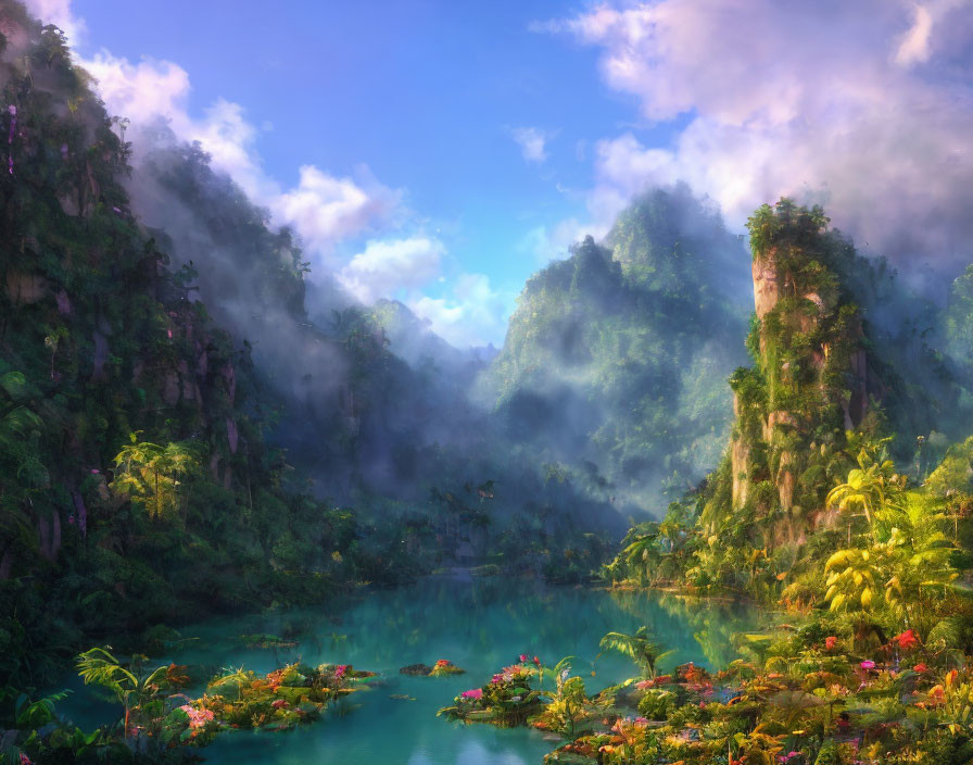 Tranquil landscape with lush greenery, misty mountains, river, and colorful flora