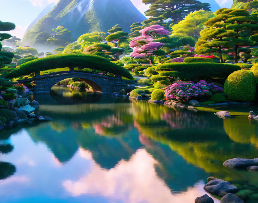Tranquil Japanese garden with pond, stone bridge, and misty mountains
