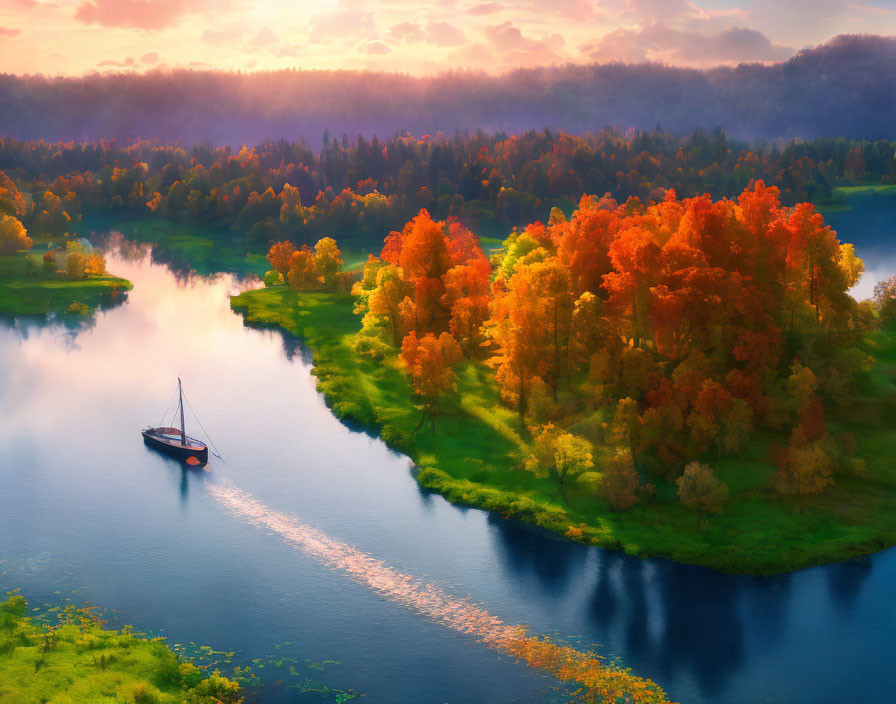 Autumn Sailboat Scene on River with Vibrant Foliage