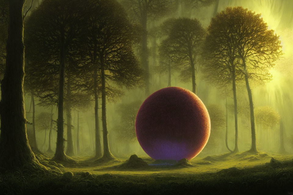 Mystical forest scene with glowing purple orb and shadowy trees