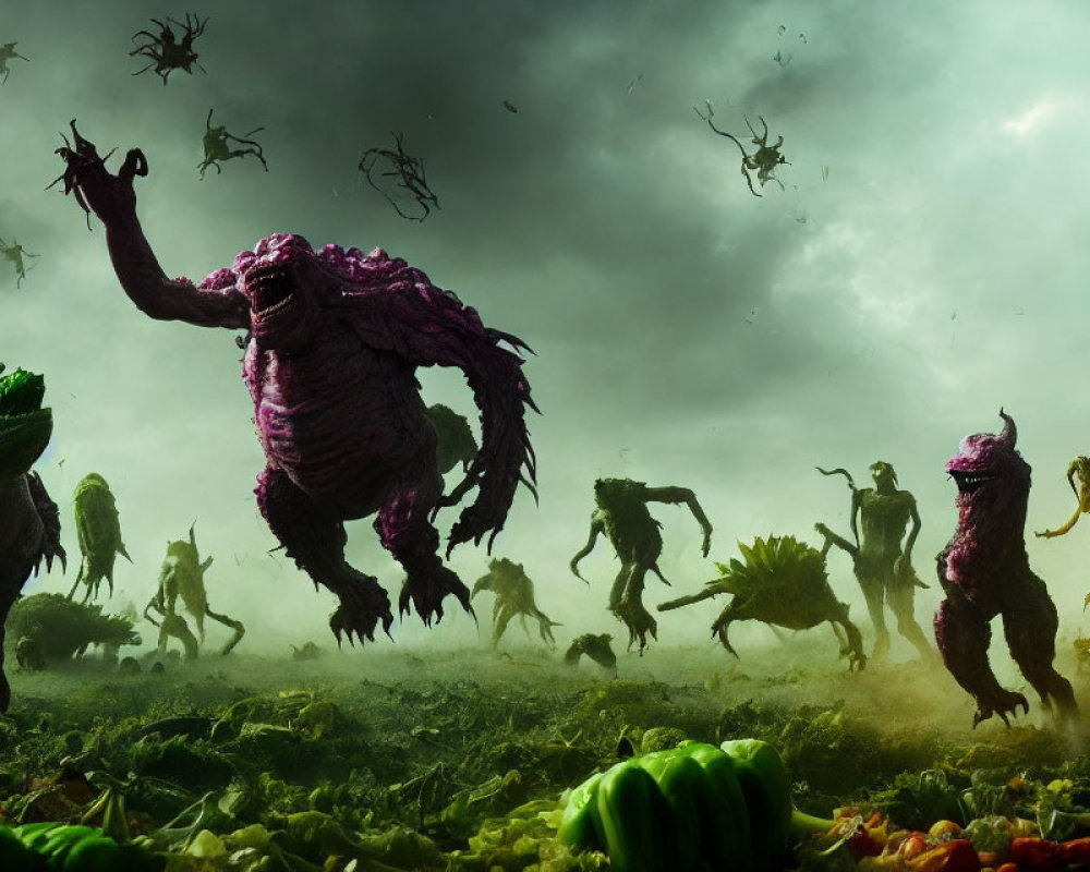 Vegetable creatures rampage in stormy field with scattered produce