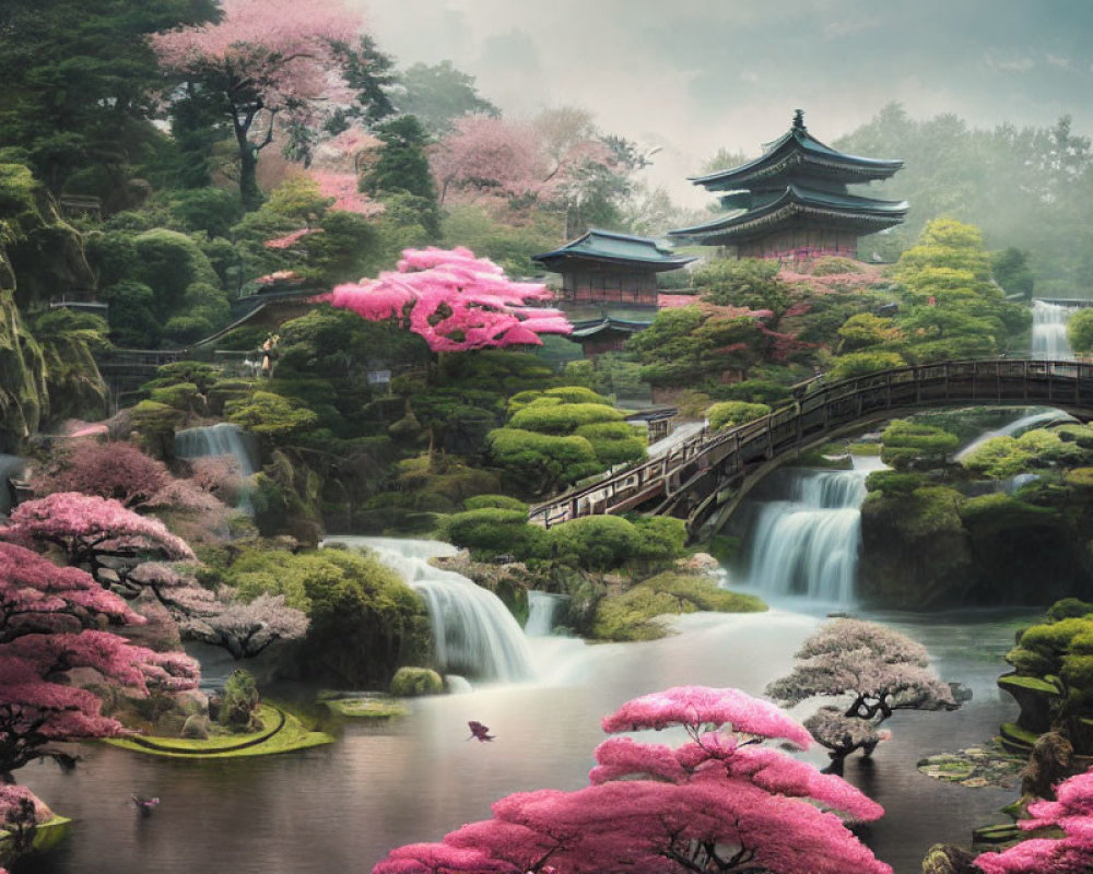 Japanese garden with cherry blossoms, waterfall, bridge, and pagoda in misty setting