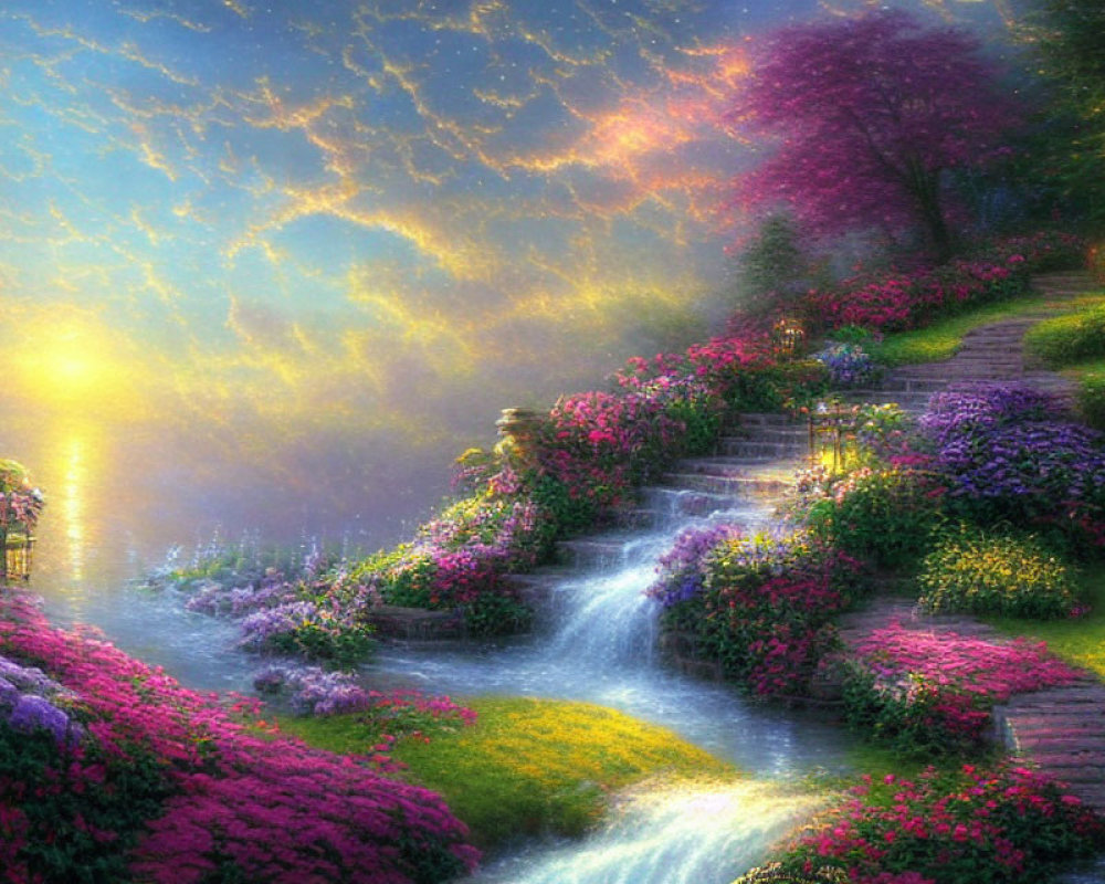 Colorful surreal landscape with waterfall, staircase, flowers, lamp posts, and sunset.