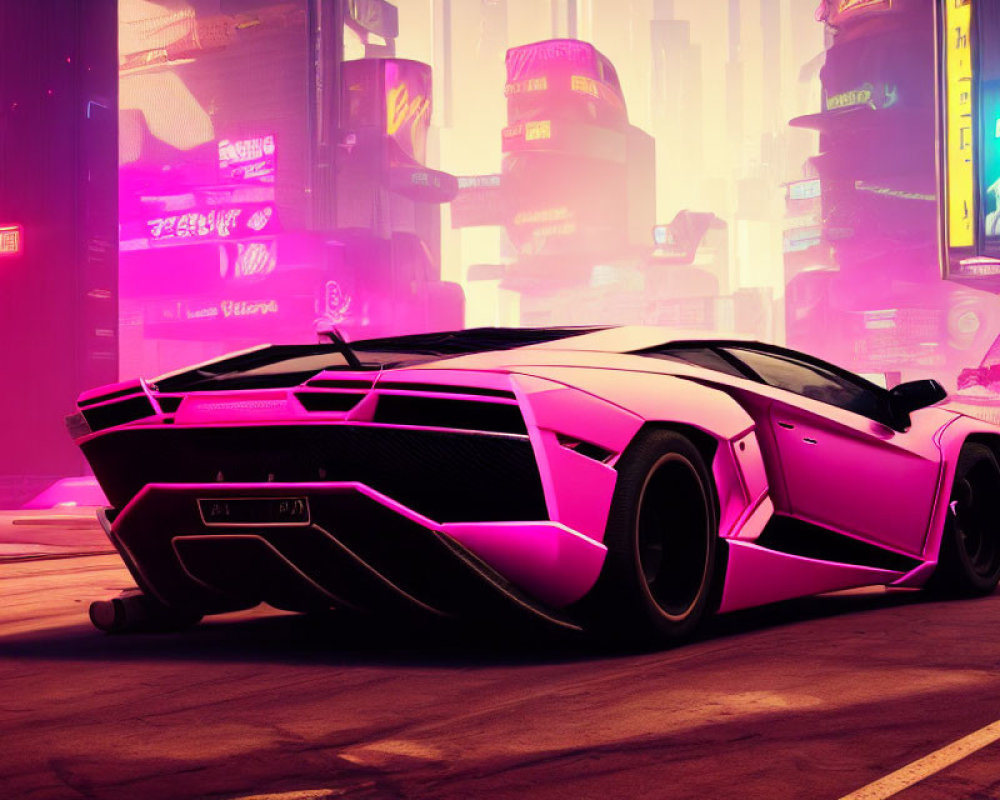 Futuristic pink and black sports car in neon-lit urban setting