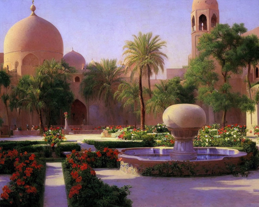 Tranquil garden with geometric flowerbeds, fountain, and domed buildings