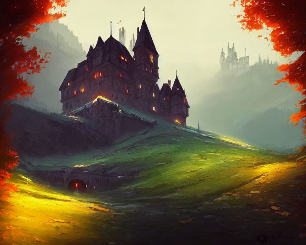 Enigmatic castle on hill at dusk with warm light and autumn forest
