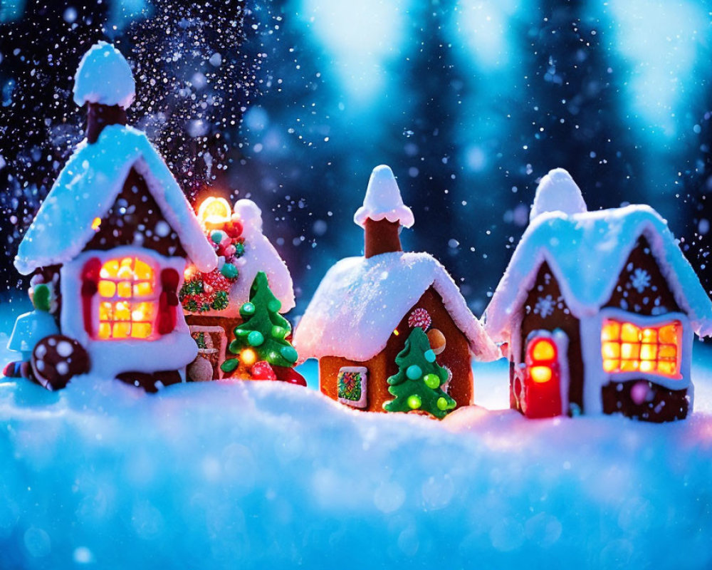 Miniature Gingerbread Houses in Snow with Glowing Windows