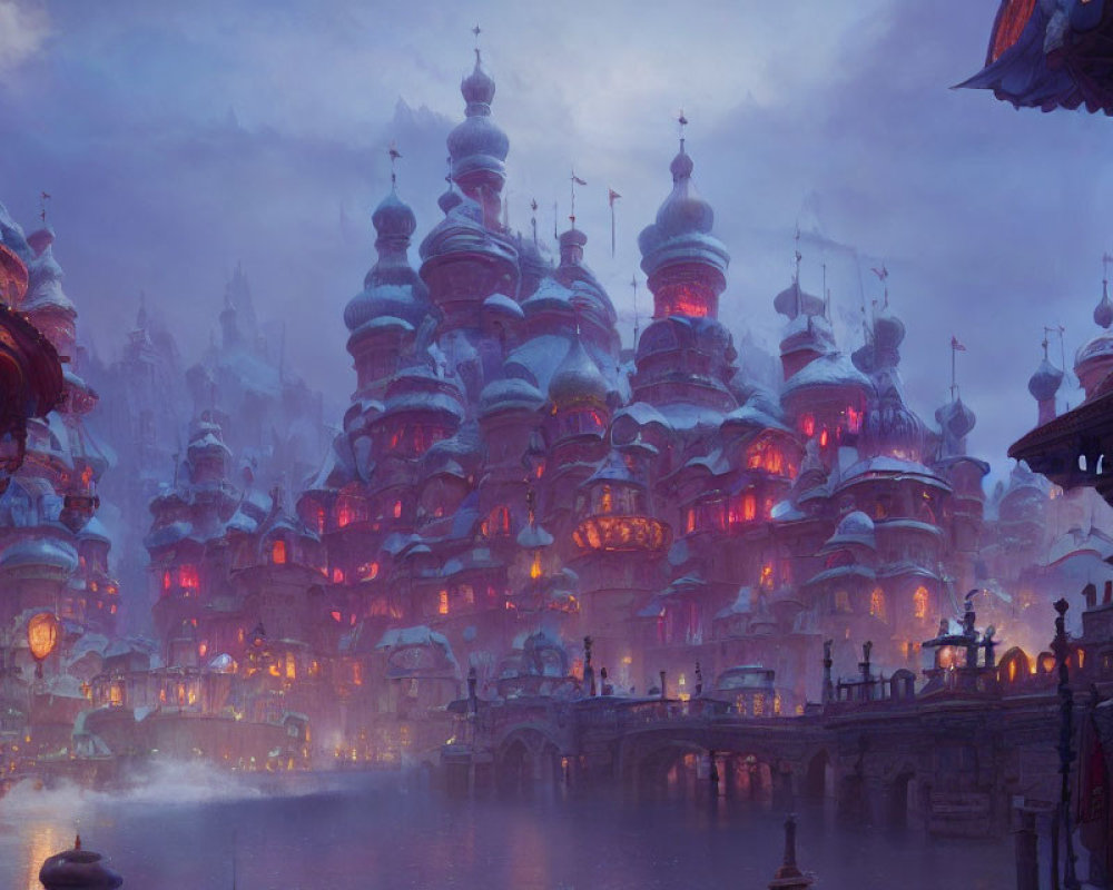 Twilight fantasy cityscape with ornate buildings and bridges