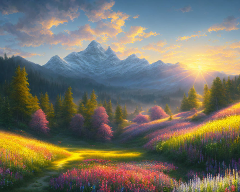 Snow-capped mountains, pink forest, vibrant wildflowers at sunrise