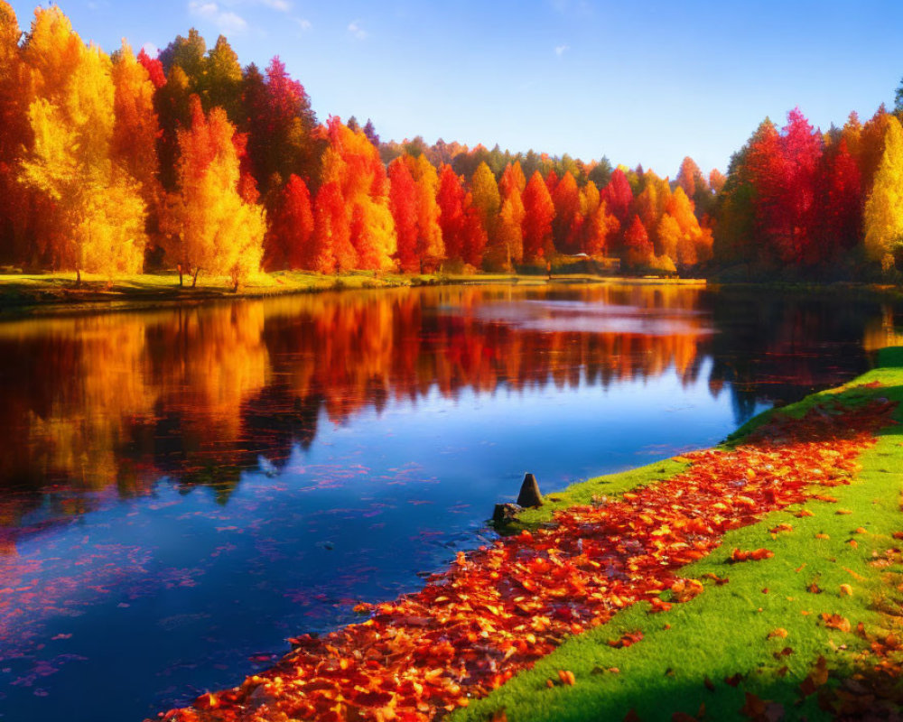 Colorful autumn leaves mirrored in serene lake with green shoreline