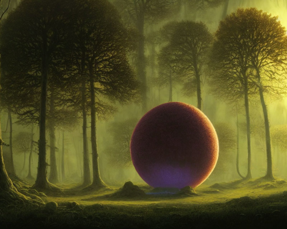 Mystical forest scene with glowing purple orb and shadowy trees