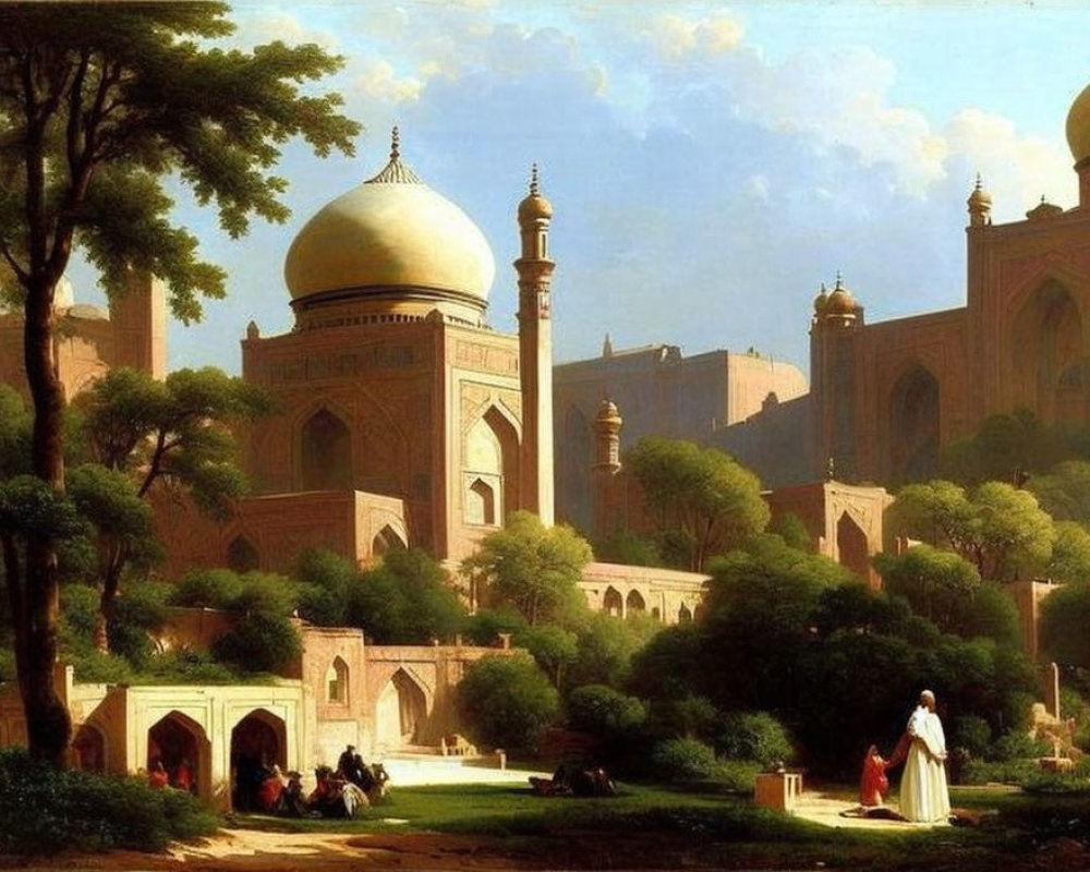 Traditional Mughal-style architecture painting with lush greenery and people in traditional attire.