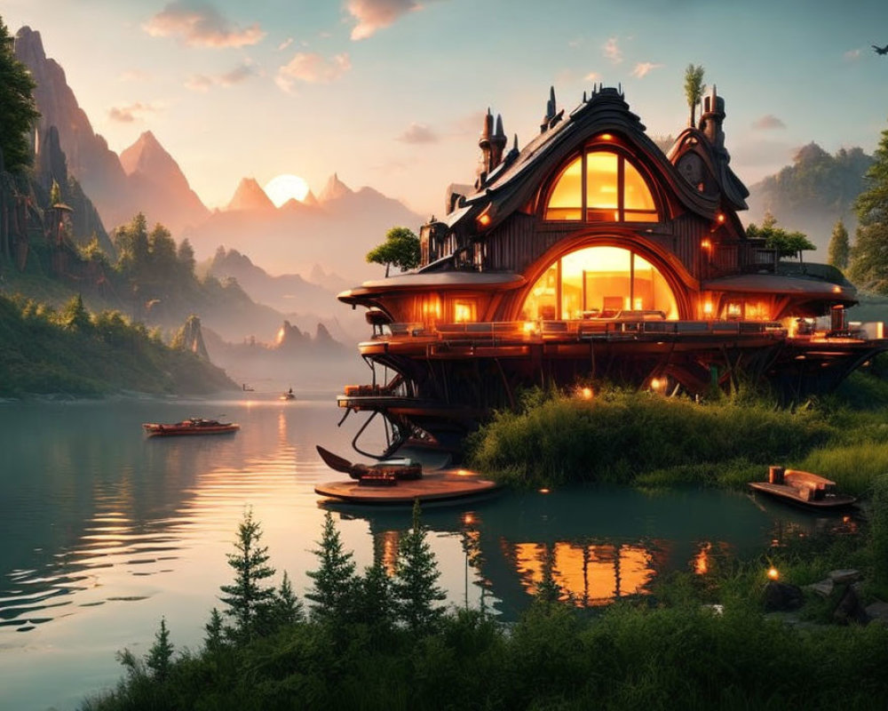 Scenic Lakeside House with Warm Lights, Greenery, Mountains, and Boats at Sunset
